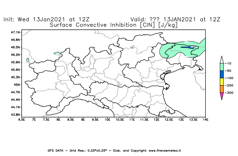 Mappa di analisi GFS - CIN [J/kg] in Nord-Italia
							del 13/01/2021 12 <!--googleoff: index-->UTC<!--googleon: index-->