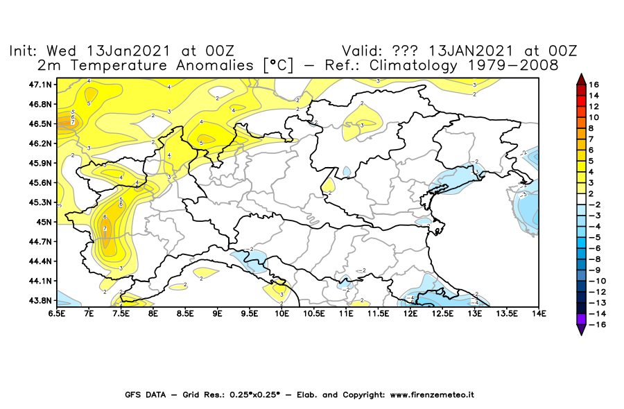 Mappa di analisi GFS - Anomalia Temperatura [°C] a 2 m in Nord-Italia
							del 13/01/2021 00 <!--googleoff: index-->UTC<!--googleon: index-->