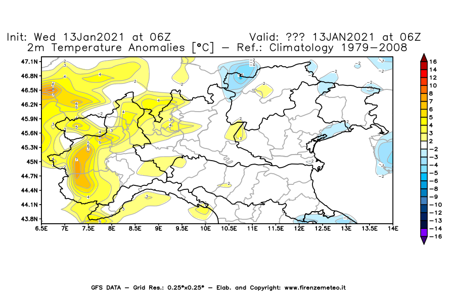Mappa di analisi GFS - Anomalia Temperatura [°C] a 2 m in Nord-Italia
							del 13/01/2021 06 <!--googleoff: index-->UTC<!--googleon: index-->