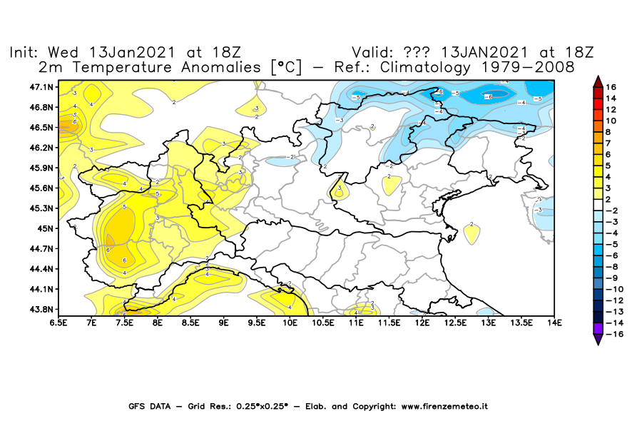 Mappa di analisi GFS - Anomalia Temperatura [°C] a 2 m in Nord-Italia
							del 13/01/2021 18 <!--googleoff: index-->UTC<!--googleon: index-->