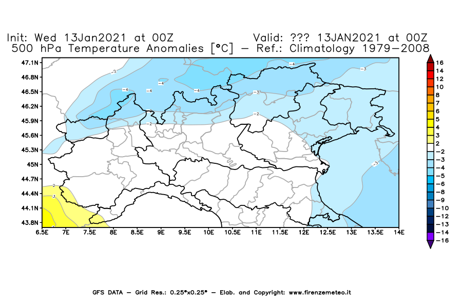 Mappa di analisi GFS - Anomalia Temperatura [°C] a 500 hPa in Nord-Italia
							del 13/01/2021 00 <!--googleoff: index-->UTC<!--googleon: index-->