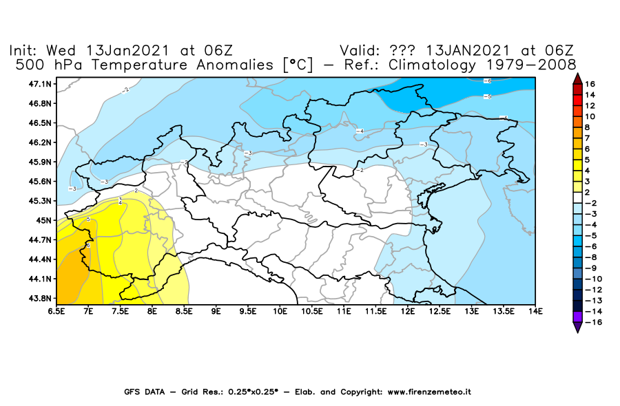 Mappa di analisi GFS - Anomalia Temperatura [°C] a 500 hPa in Nord-Italia
							del 13/01/2021 06 <!--googleoff: index-->UTC<!--googleon: index-->