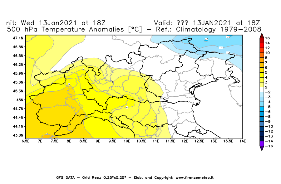 Mappa di analisi GFS - Anomalia Temperatura [°C] a 500 hPa in Nord-Italia
							del 13/01/2021 18 <!--googleoff: index-->UTC<!--googleon: index-->