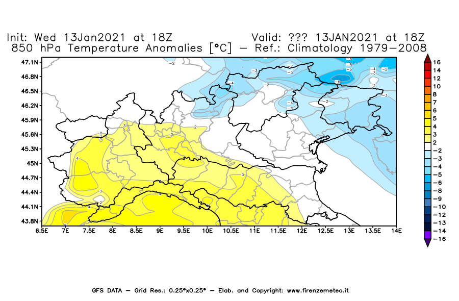 Mappa di analisi GFS - Anomalia Temperatura [°C] a 850 hPa in Nord-Italia
							del 13/01/2021 18 <!--googleoff: index-->UTC<!--googleon: index-->