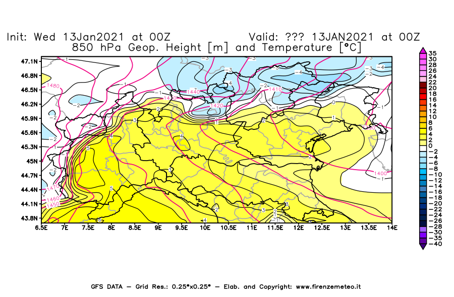Mappa di analisi GFS - Geopotenziale [m] e Temperatura [°C] a 850 hPa in Nord-Italia
							del 13/01/2021 00 <!--googleoff: index-->UTC<!--googleon: index-->