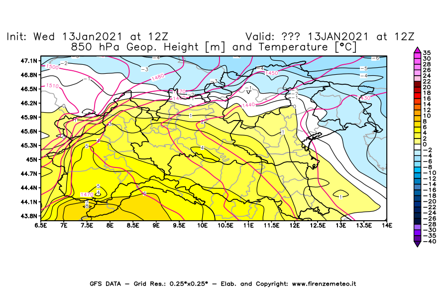 Mappa di analisi GFS - Geopotenziale [m] e Temperatura [°C] a 850 hPa in Nord-Italia
							del 13/01/2021 12 <!--googleoff: index-->UTC<!--googleon: index-->
