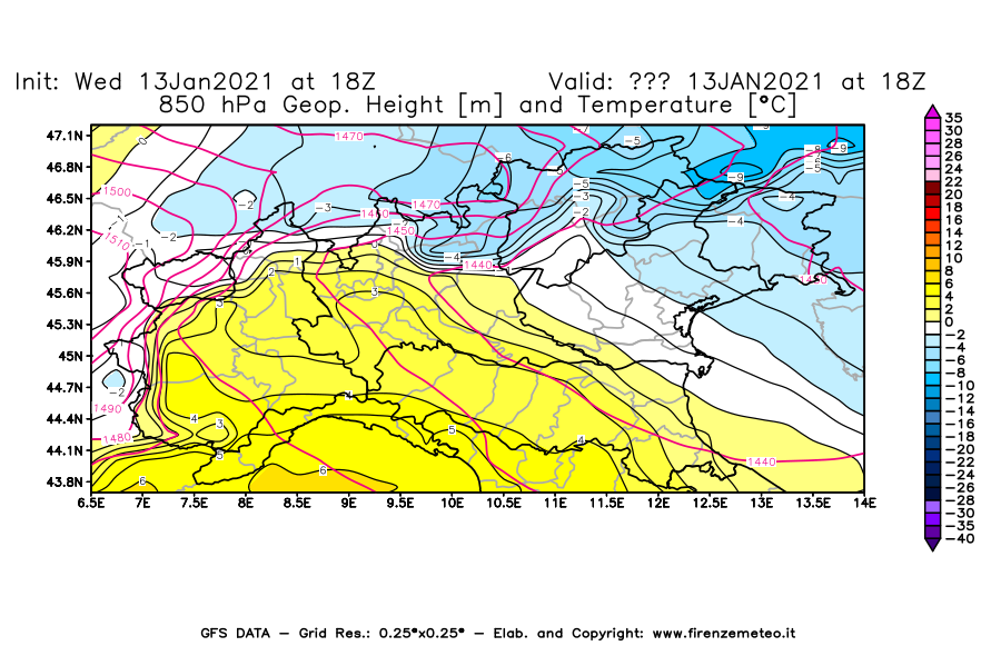 Mappa di analisi GFS - Geopotenziale [m] e Temperatura [°C] a 850 hPa in Nord-Italia
							del 13/01/2021 18 <!--googleoff: index-->UTC<!--googleon: index-->