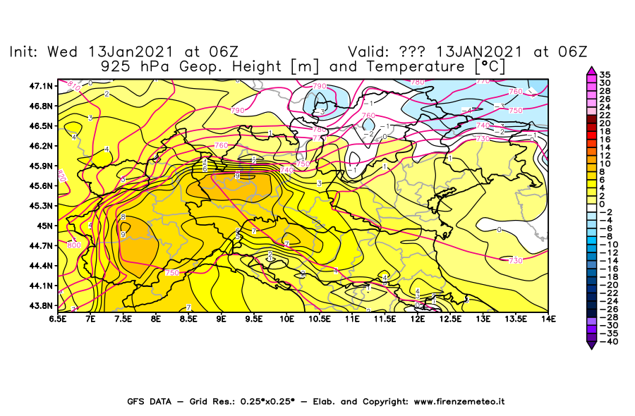 Mappa di analisi GFS - Geopotenziale [m] e Temperatura [°C] a 925 hPa in Nord-Italia
							del 13/01/2021 06 <!--googleoff: index-->UTC<!--googleon: index-->