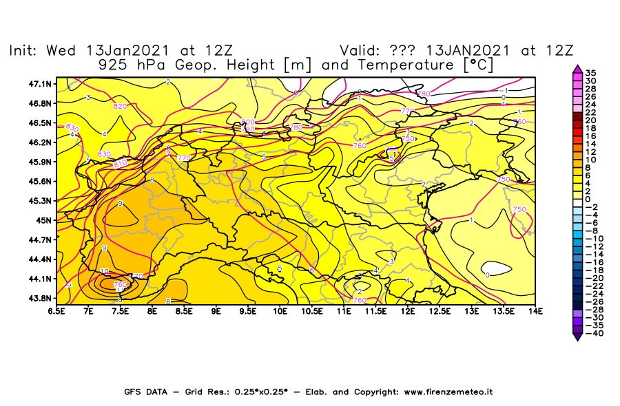 Mappa di analisi GFS - Geopotenziale [m] e Temperatura [°C] a 925 hPa in Nord-Italia
							del 13/01/2021 12 <!--googleoff: index-->UTC<!--googleon: index-->
