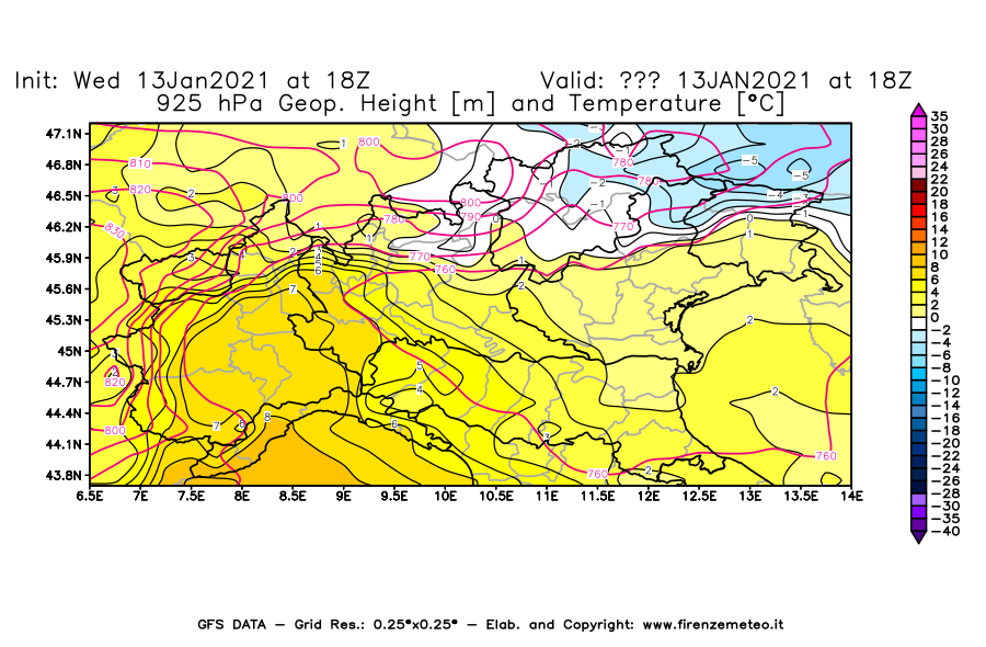 Mappa di analisi GFS - Geopotenziale [m] e Temperatura [°C] a 925 hPa in Nord-Italia
							del 13/01/2021 18 <!--googleoff: index-->UTC<!--googleon: index-->