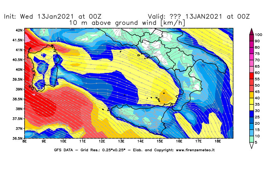 Mappa di analisi GFS - Velocità del vento a 10 metri dal suolo [km/h] in Sud-Italia
							del 13/01/2021 00 <!--googleoff: index-->UTC<!--googleon: index-->