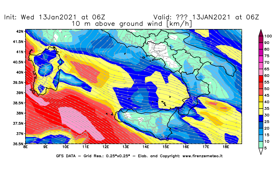 Mappa di analisi GFS - Velocità del vento a 10 metri dal suolo [km/h] in Sud-Italia
							del 13/01/2021 06 <!--googleoff: index-->UTC<!--googleon: index-->