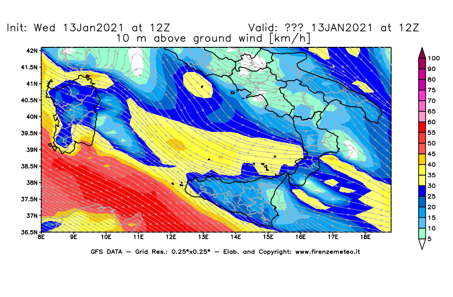 Mappa di analisi GFS - Velocità del vento a 10 metri dal suolo [km/h] in Sud-Italia
							del 13/01/2021 12 <!--googleoff: index-->UTC<!--googleon: index-->