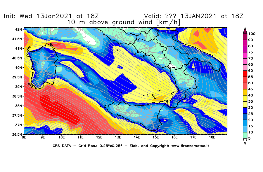 Mappa di analisi GFS - Velocità del vento a 10 metri dal suolo [km/h] in Sud-Italia
							del 13/01/2021 18 <!--googleoff: index-->UTC<!--googleon: index-->