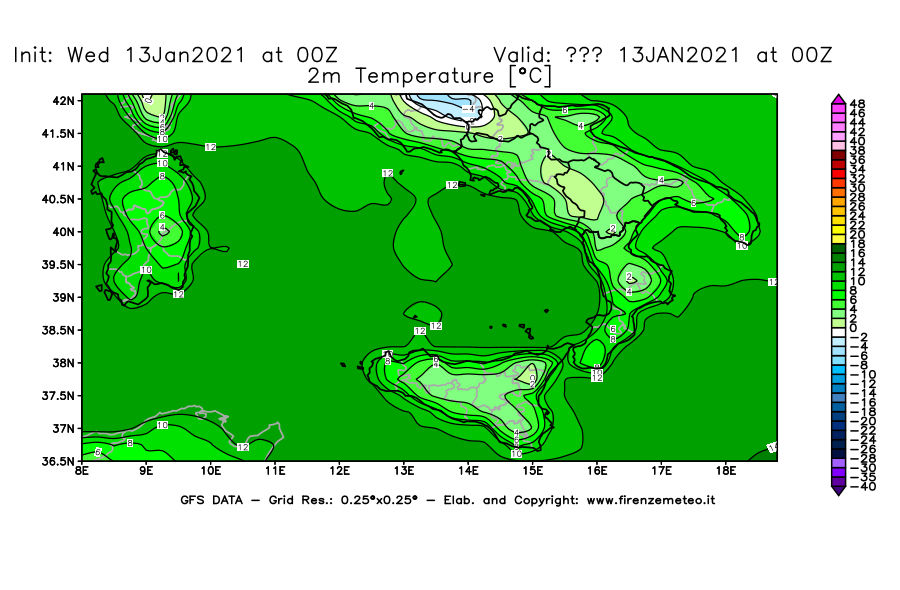 Mappa di analisi GFS - Temperatura a 2 metri dal suolo [°C] in Sud-Italia
							del 13/01/2021 00 <!--googleoff: index-->UTC<!--googleon: index-->