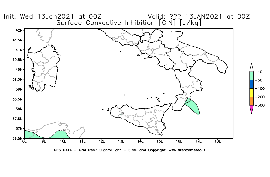 Mappa di analisi GFS - CIN [J/kg] in Sud-Italia
							del 13/01/2021 00 <!--googleoff: index-->UTC<!--googleon: index-->
