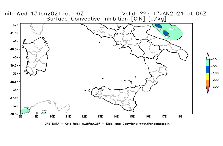 Mappa di analisi GFS - CIN [J/kg] in Sud-Italia
							del 13/01/2021 06 <!--googleoff: index-->UTC<!--googleon: index-->