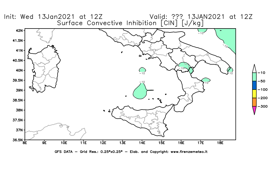 Mappa di analisi GFS - CIN [J/kg] in Sud-Italia
							del 13/01/2021 12 <!--googleoff: index-->UTC<!--googleon: index-->