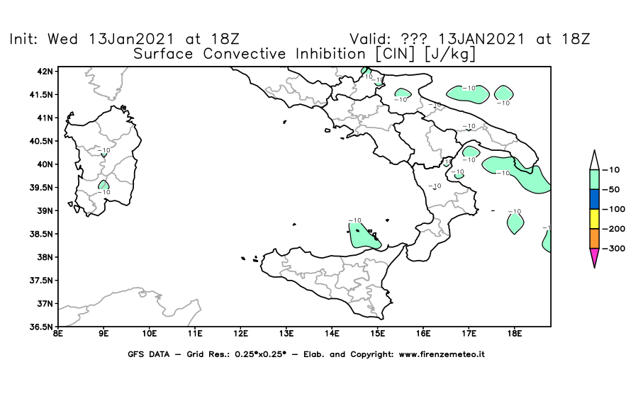 Mappa di analisi GFS - CIN [J/kg] in Sud-Italia
							del 13/01/2021 18 <!--googleoff: index-->UTC<!--googleon: index-->