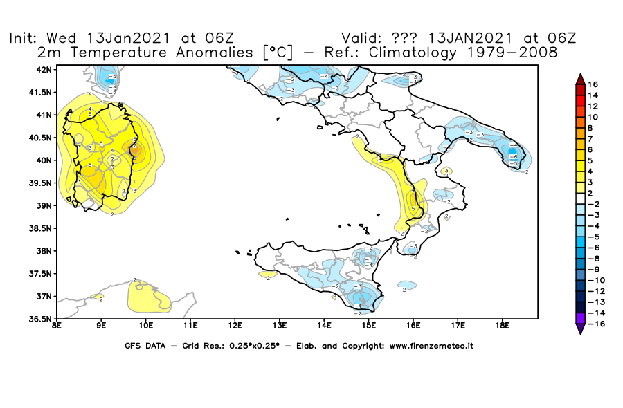 Mappa di analisi GFS - Anomalia Temperatura [°C] a 2 m in Sud-Italia
							del 13/01/2021 06 <!--googleoff: index-->UTC<!--googleon: index-->