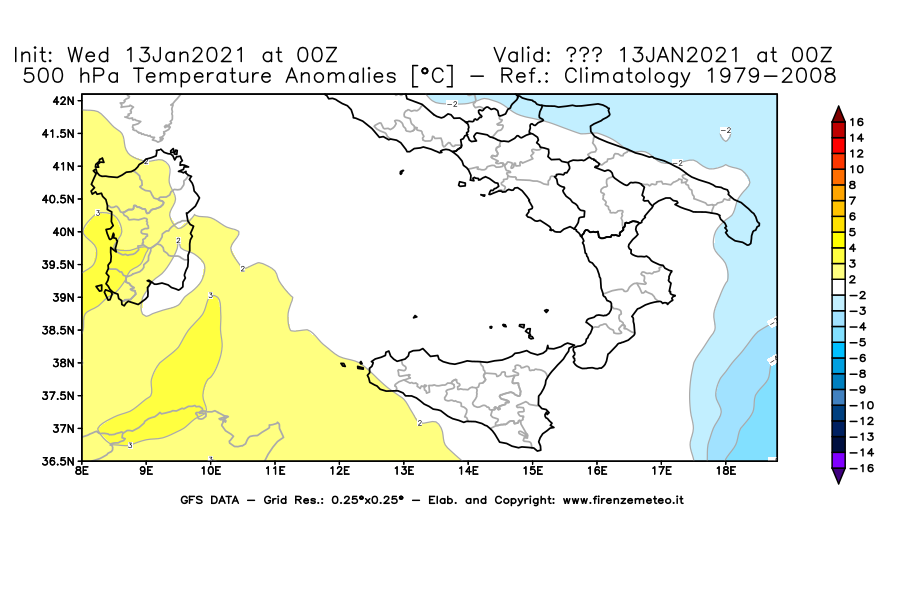 Mappa di analisi GFS - Anomalia Temperatura [°C] a 500 hPa in Sud-Italia
							del 13/01/2021 00 <!--googleoff: index-->UTC<!--googleon: index-->