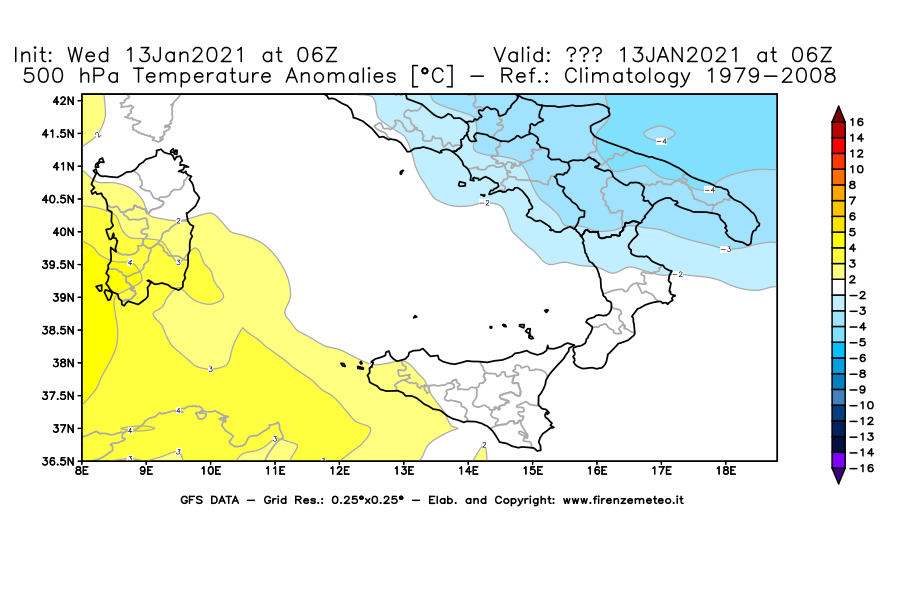 Mappa di analisi GFS - Anomalia Temperatura [°C] a 500 hPa in Sud-Italia
							del 13/01/2021 06 <!--googleoff: index-->UTC<!--googleon: index-->
