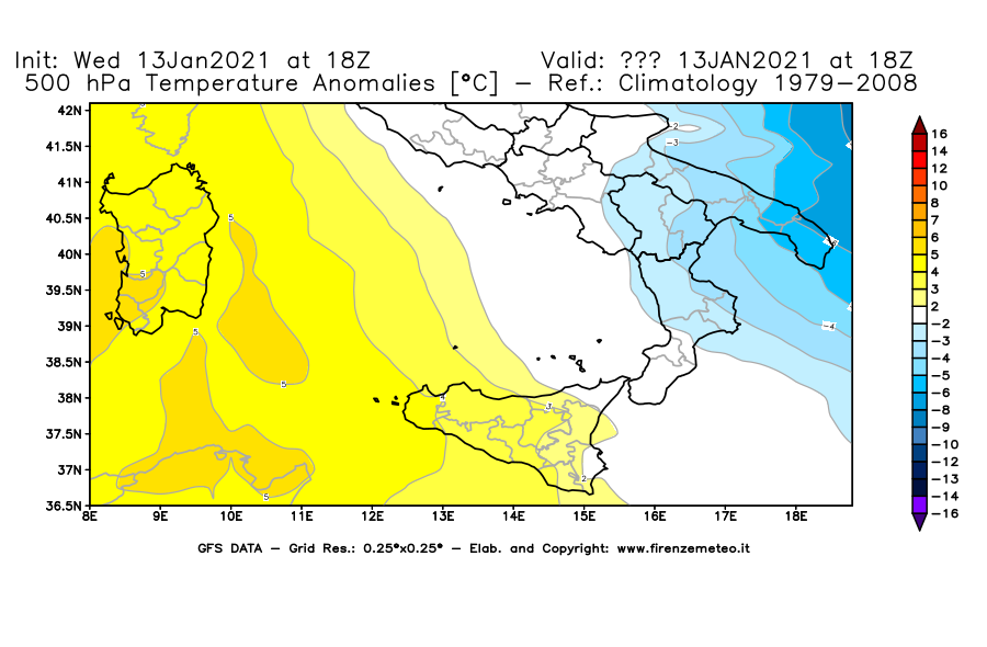 Mappa di analisi GFS - Anomalia Temperatura [°C] a 500 hPa in Sud-Italia
							del 13/01/2021 18 <!--googleoff: index-->UTC<!--googleon: index-->
