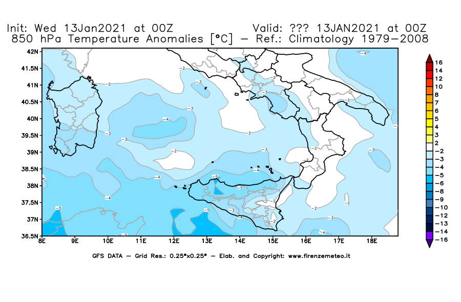 Mappa di analisi GFS - Anomalia Temperatura [°C] a 850 hPa in Sud-Italia
							del 13/01/2021 00 <!--googleoff: index-->UTC<!--googleon: index-->
