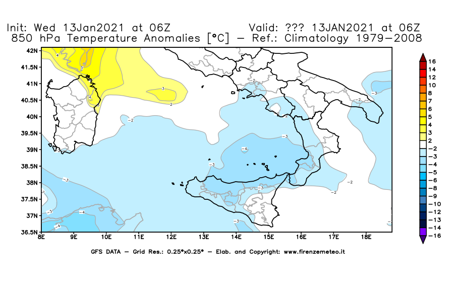 Mappa di analisi GFS - Anomalia Temperatura [°C] a 850 hPa in Sud-Italia
							del 13/01/2021 06 <!--googleoff: index-->UTC<!--googleon: index-->