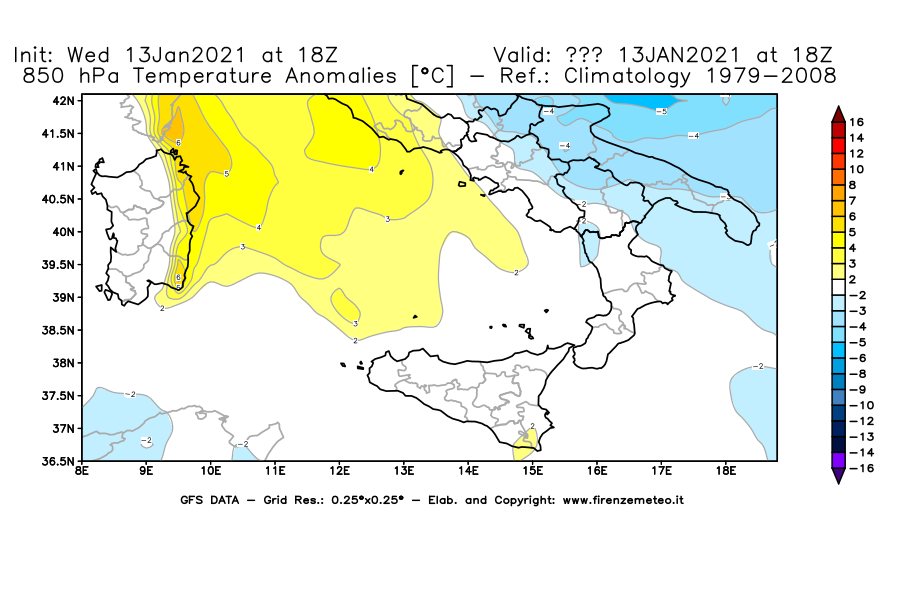 Mappa di analisi GFS - Anomalia Temperatura [°C] a 850 hPa in Sud-Italia
							del 13/01/2021 18 <!--googleoff: index-->UTC<!--googleon: index-->