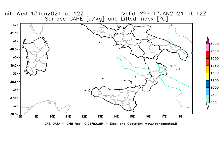 Mappa di analisi GFS - CAPE [J/kg] e Lifted Index [°C] in Sud-Italia
							del 13/01/2021 12 <!--googleoff: index-->UTC<!--googleon: index-->