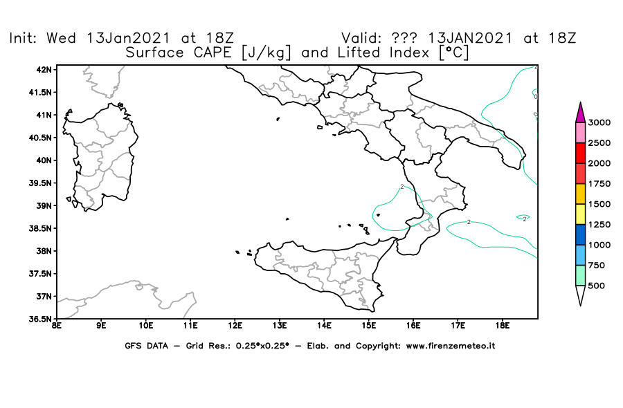 Mappa di analisi GFS - CAPE [J/kg] e Lifted Index [°C] in Sud-Italia
							del 13/01/2021 18 <!--googleoff: index-->UTC<!--googleon: index-->