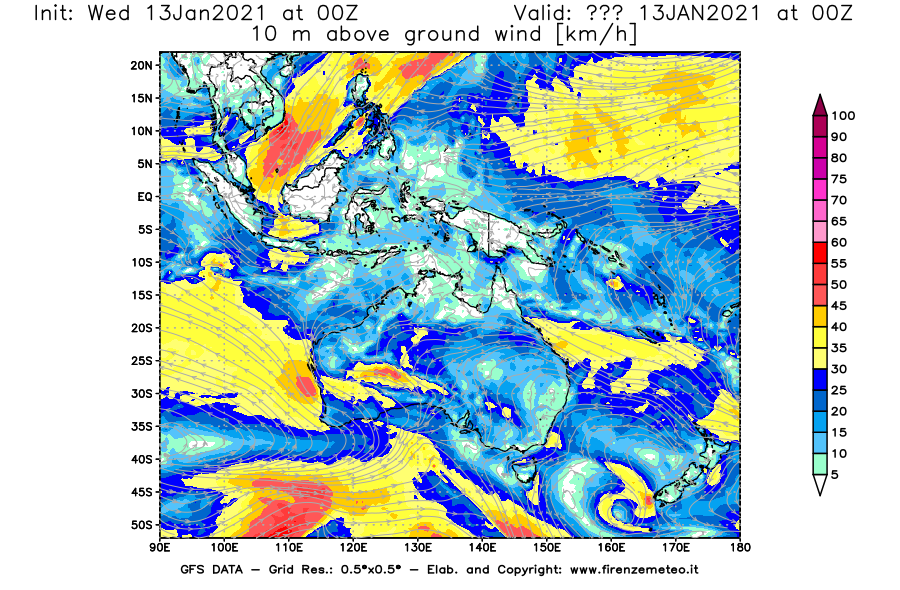 Mappa di analisi GFS - Velocità del vento a 10 metri dal suolo [km/h] in Oceania
							del 13/01/2021 00 <!--googleoff: index-->UTC<!--googleon: index-->