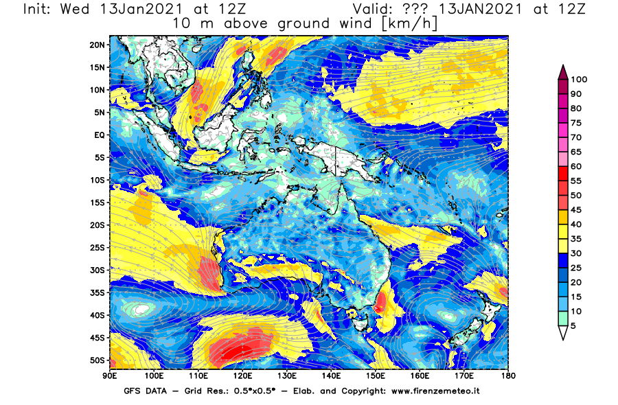 Mappa di analisi GFS - Velocità del vento a 10 metri dal suolo [km/h] in Oceania
							del 13/01/2021 12 <!--googleoff: index-->UTC<!--googleon: index-->