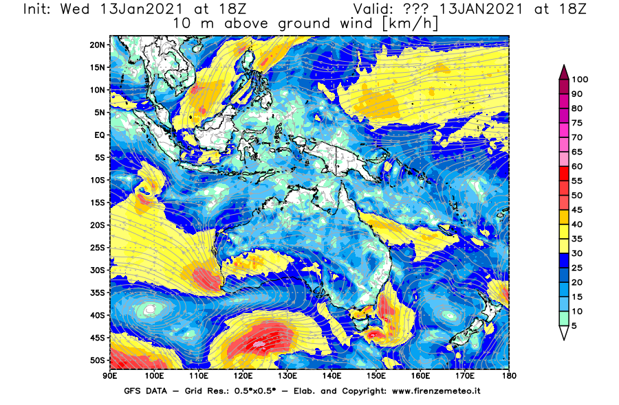 Mappa di analisi GFS - Velocità del vento a 10 metri dal suolo [km/h] in Oceania
							del 13/01/2021 18 <!--googleoff: index-->UTC<!--googleon: index-->