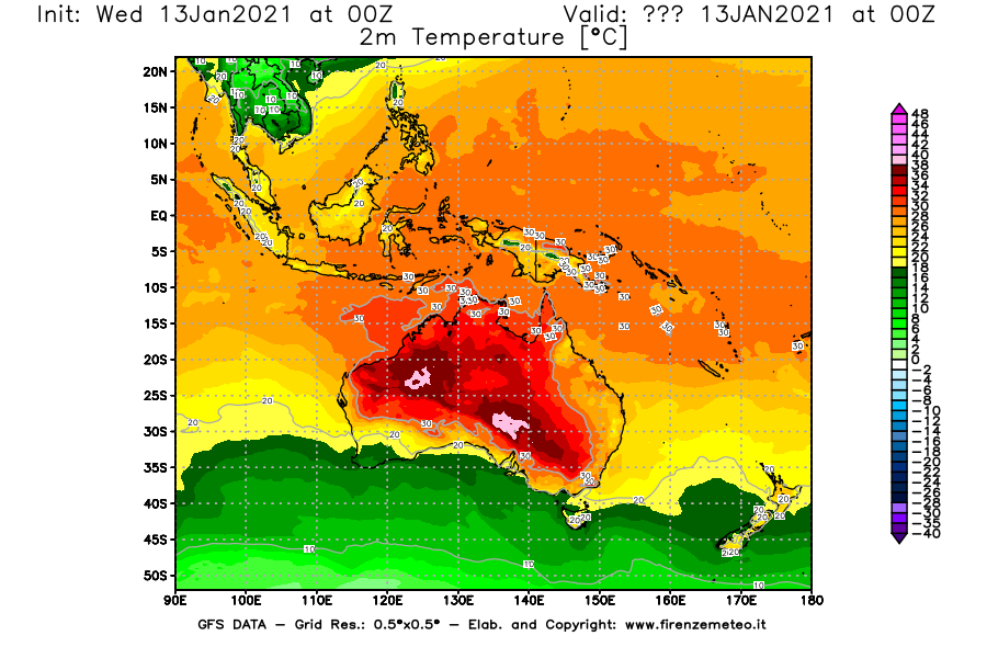 Mappa di analisi GFS - Temperatura a 2 metri dal suolo [°C] in Oceania
							del 13/01/2021 00 <!--googleoff: index-->UTC<!--googleon: index-->