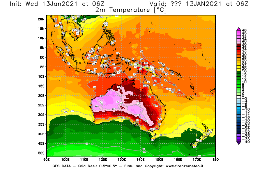 Mappa di analisi GFS - Temperatura a 2 metri dal suolo [°C] in Oceania
							del 13/01/2021 06 <!--googleoff: index-->UTC<!--googleon: index-->