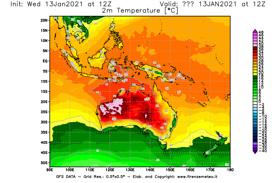 Mappa di analisi GFS - Temperatura a 2 metri dal suolo [°C] in Oceania
							del 13/01/2021 12 <!--googleoff: index-->UTC<!--googleon: index-->