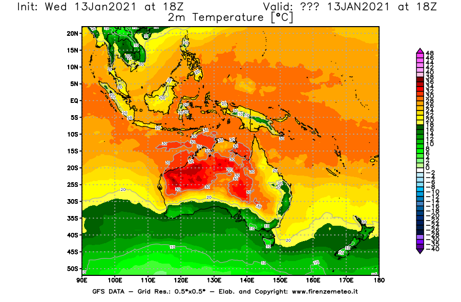 Mappa di analisi GFS - Temperatura a 2 metri dal suolo [°C] in Oceania
							del 13/01/2021 18 <!--googleoff: index-->UTC<!--googleon: index-->