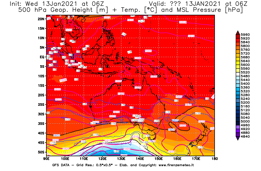 Mappa di analisi GFS - Geopotenziale [m] + Temp. [°C] a 500 hPa + Press. a livello del mare [hPa] in Oceania
							del 13/01/2021 06 <!--googleoff: index-->UTC<!--googleon: index-->