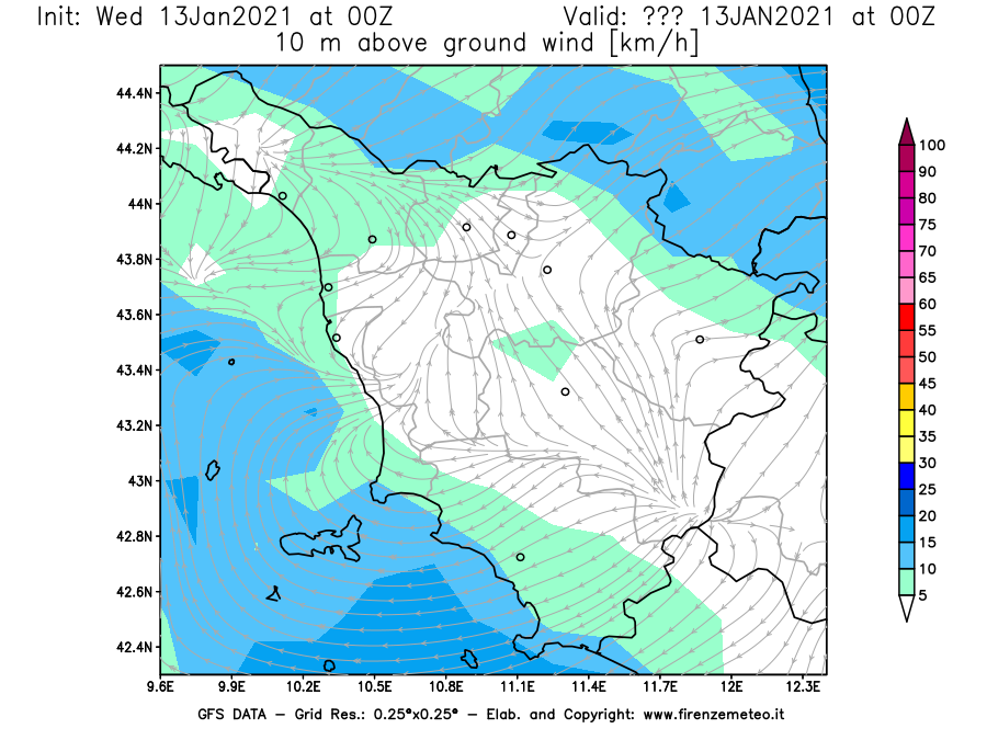 Mappa di analisi GFS - Velocità del vento a 10 metri dal suolo [km/h] in Toscana
							del 13/01/2021 00 <!--googleoff: index-->UTC<!--googleon: index-->