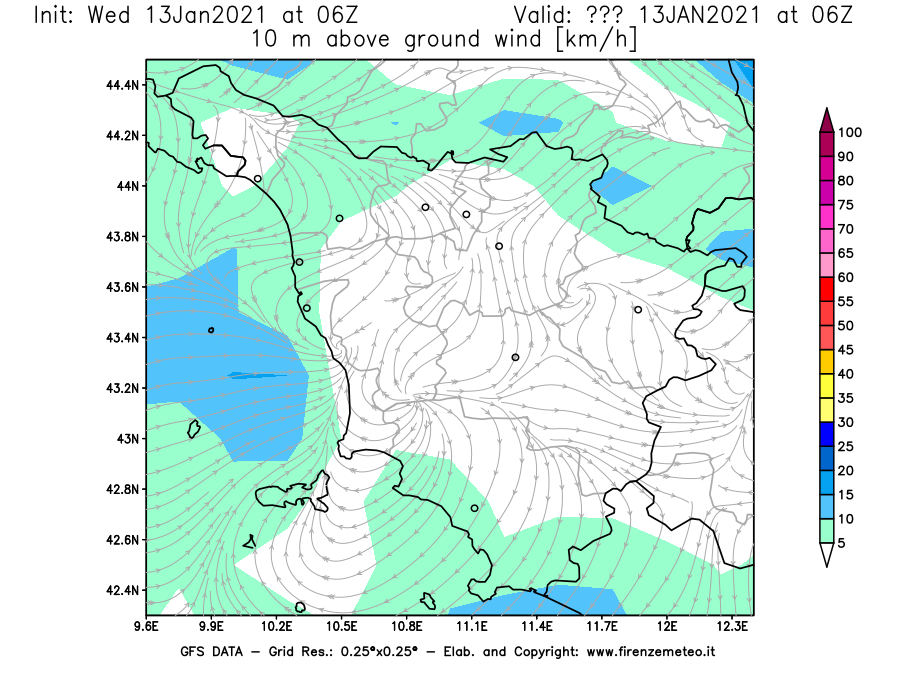 Mappa di analisi GFS - Velocità del vento a 10 metri dal suolo [km/h] in Toscana
							del 13/01/2021 06 <!--googleoff: index-->UTC<!--googleon: index-->