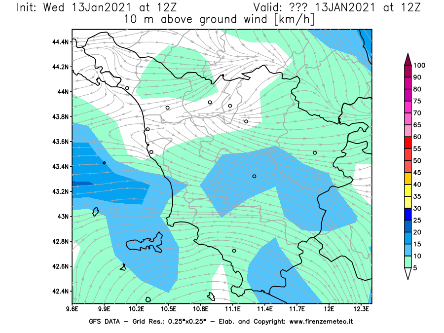 Mappa di analisi GFS - Velocità del vento a 10 metri dal suolo [km/h] in Toscana
							del 13/01/2021 12 <!--googleoff: index-->UTC<!--googleon: index-->