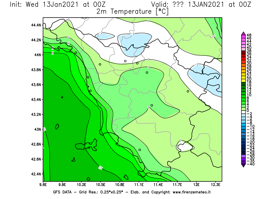Mappa di analisi GFS - Temperatura a 2 metri dal suolo [°C] in Toscana
							del 13/01/2021 00 <!--googleoff: index-->UTC<!--googleon: index-->