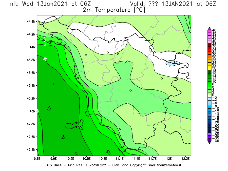 Mappa di analisi GFS - Temperatura a 2 metri dal suolo [°C] in Toscana
							del 13/01/2021 06 <!--googleoff: index-->UTC<!--googleon: index-->