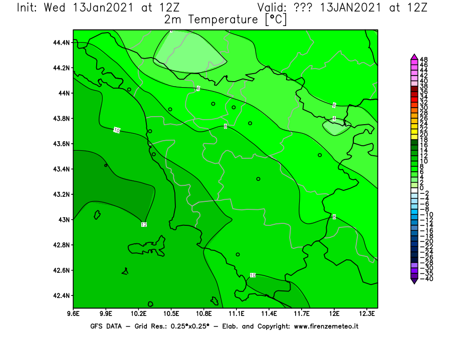 Mappa di analisi GFS - Temperatura a 2 metri dal suolo [°C] in Toscana
							del 13/01/2021 12 <!--googleoff: index-->UTC<!--googleon: index-->