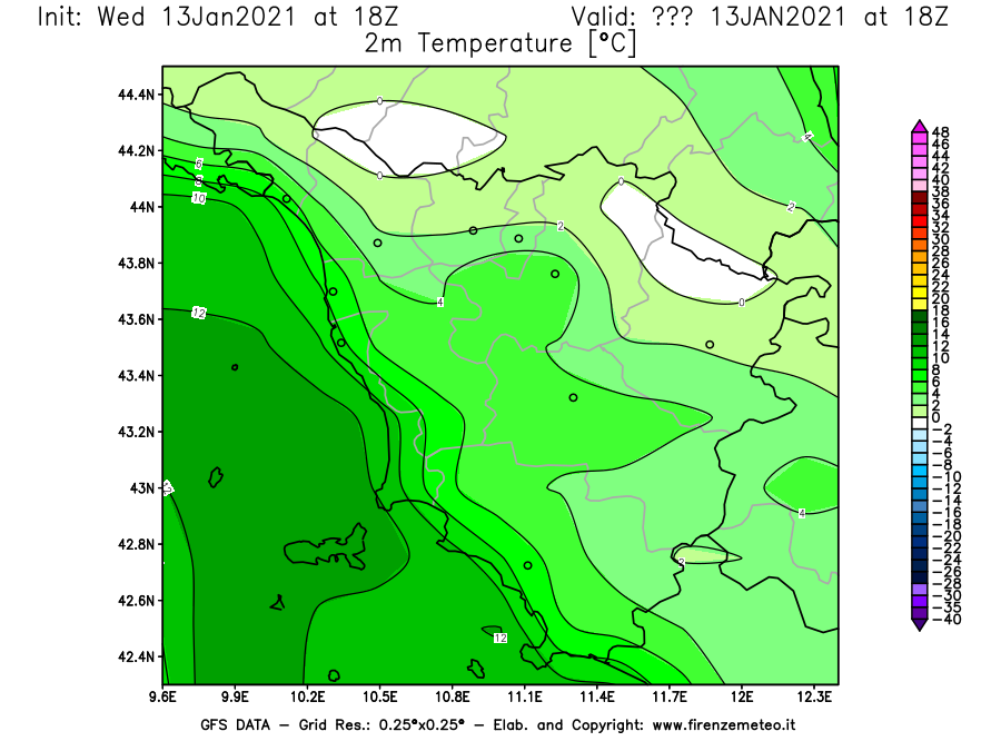 Mappa di analisi GFS - Temperatura a 2 metri dal suolo [°C] in Toscana
							del 13/01/2021 18 <!--googleoff: index-->UTC<!--googleon: index-->