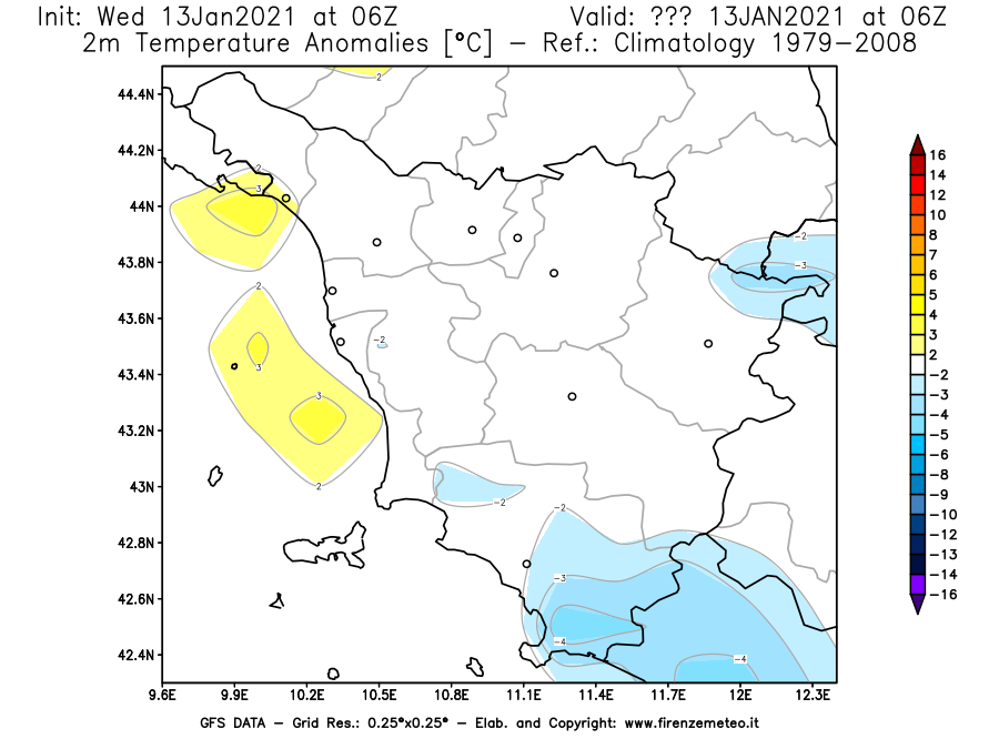 Mappa di analisi GFS - Anomalia Temperatura [°C] a 2 m in Toscana
							del 13/01/2021 06 <!--googleoff: index-->UTC<!--googleon: index-->