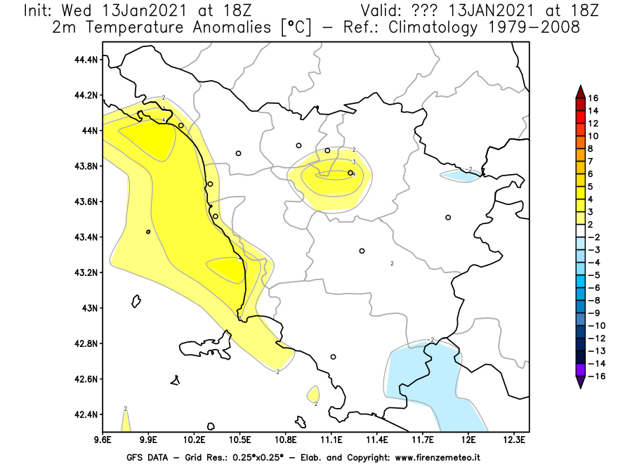 Mappa di analisi GFS - Anomalia Temperatura [°C] a 2 m in Toscana
							del 13/01/2021 18 <!--googleoff: index-->UTC<!--googleon: index-->