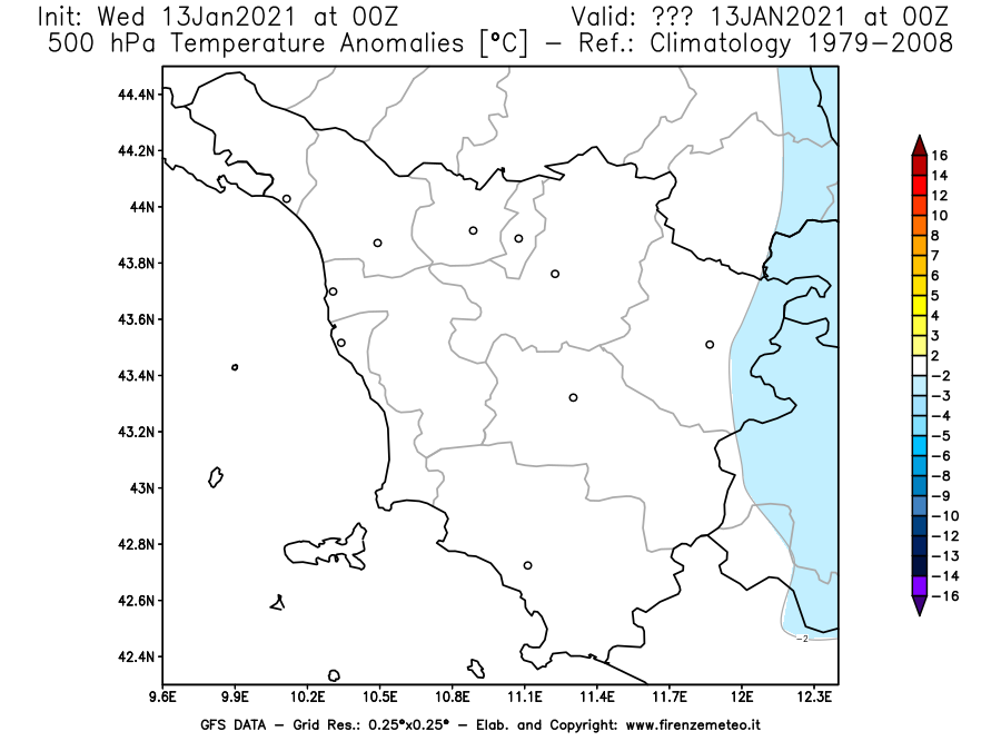Mappa di analisi GFS - Anomalia Temperatura [°C] a 500 hPa in Toscana
							del 13/01/2021 00 <!--googleoff: index-->UTC<!--googleon: index-->